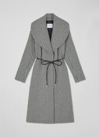 L.K. Bennett Manon Navy And Cream Houndstooth Wool-Blend Coat | chic shawl collar coats | dogtooth check winter outerwear | self tie waist