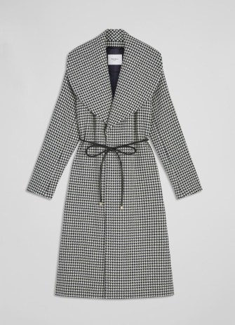 L.K. Bennett Manon Navy And Cream Houndstooth Wool-Blend Coat | chic shawl collar coats | dogtooth check winter outerwear | self tie waist - flipped