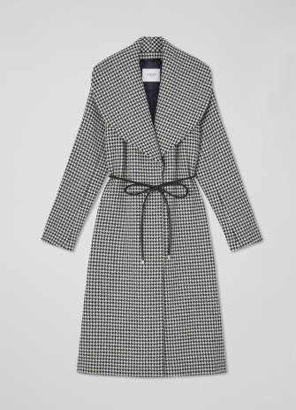 L.K. Bennett Manon Navy And Cream Houndstooth Wool-Blend Coat | chic shawl collar coats | dogtooth check winter outerwear | self tie waist