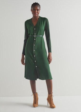 L.K. BENNETT Marr Green Crepe Knitted Sleeves Dress ~ chic belted long sleeved button through dresses - flipped