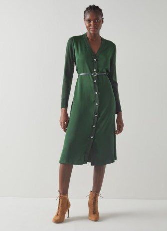 L.K. BENNETT Marr Green Crepe Knitted Sleeves Dress ~ chic belted long sleeved button through dresses