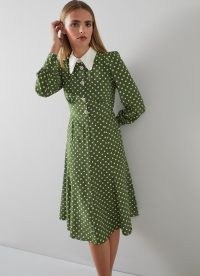 L.K. BENNETT Mathilde Green And Cream Polka Dot Silk Tea Dress / women’s luxe vintage style spot print dresses / luxury retro fashion / autumn colours womens clothes 2022