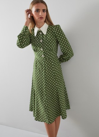 L.K. BENNETT Mathilde Green And Cream Polka Dot Silk Tea Dress / women’s luxe vintage style spot print dresses / luxury retro fashion / autumn colours womens clothes 2022