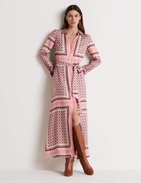 Boden Maxi Shirt Dress Almond Pink, Square Geo – chic long sleeve viscose and silk blend maxi dresses – tie waist – women’s geometric print clothes