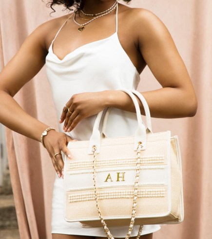 Abbott Lyon Mini Raffia Pearl Resort Bag | chic personalised tote bags with initials | initial embellished handbags - flipped