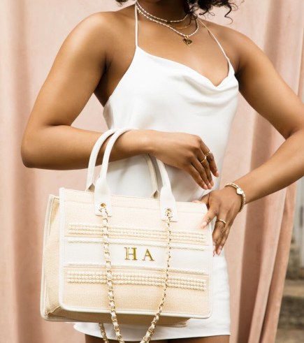 Abbott Lyon Mini Raffia Pearl Resort Bag | chic personalised tote bags with initials | initial embellished handbags