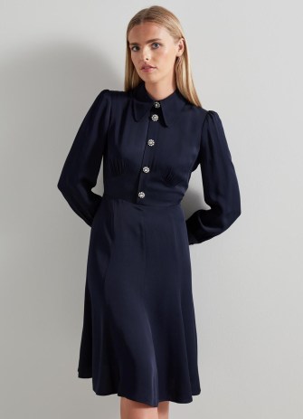 L.K. Bennett Mira Navy Crepe Long Sleeve Tea Dress | dark blue long sleeved vintage style dresses | women’s 1970s retro inspired fashion | chic 70s look clothes | crystal button detail - flipped