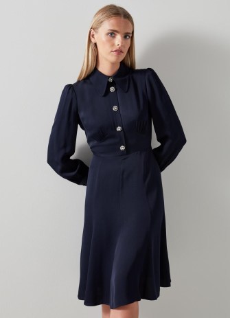 L.K. Bennett Mira Navy Crepe Long Sleeve Tea Dress | dark blue long sleeved vintage style dresses | women’s 1970s retro inspired fashion | chic 70s look clothes | crystal button detail