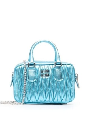 Miu Miu logo-plaque quilted tote bag in light blue ~ small designer handbags ~ mini metallic leather top handle bags ~ farfetch - flipped
