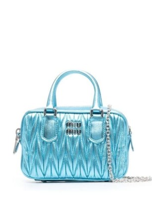 Miu Miu logo-plaque quilted tote bag in light blue ~ small designer handbags ~ mini metallic leather top handle bags ~ farfetch
