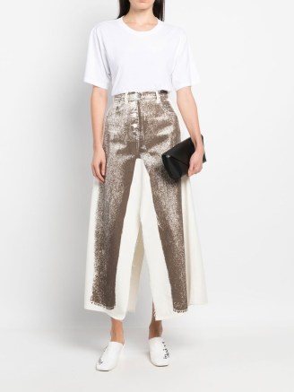 MM6 Maison Margiela slit-detail midi skirt in cream white | graphic jeans print | women’s printed designer skirts | FARFETCH | front and back split hem - flipped
