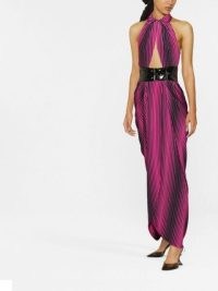 Moschino stripe-print halterneck organzine dress in pink/black – belted cut out detail evening dresses – high low hem – halter neck occasion fashion – farfetch