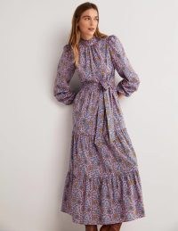 Boden Mutton Sleeve Maxi Dress Cherry Blossom, Enchanting / floral vintage style high neck dresses / tiered hem / belted tie waist / long puffed sleeves