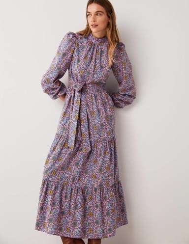 Boden Mutton Sleeve Maxi Dress Cherry Blossom, Enchanting / floral vintage style high neck dresses / tiered hem / belted tie waist / long puffed sleeves - flipped