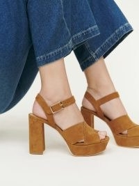 Reformation Myraida Platform Sandal in Honey Suede | retro block heel platforms | 70s inspired block heels | 1970s vintage style footwear | chunky buckle detail sandals