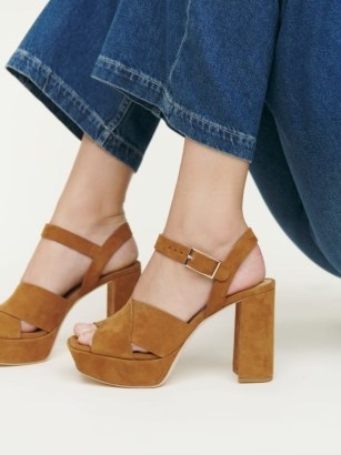 Reformation Myraida Platform Sandal in Honey Suede | retro block heel platforms | 70s inspired block heels | 1970s vintage style footwear | chunky buckle detail sandals - flipped