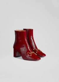 L.K. BENNETT Nadina Red Crinkle Patent Leather Snaffle-Detail Ankle Boots / women’s square toe bock heel boots / autumn colours womens footwear 2022