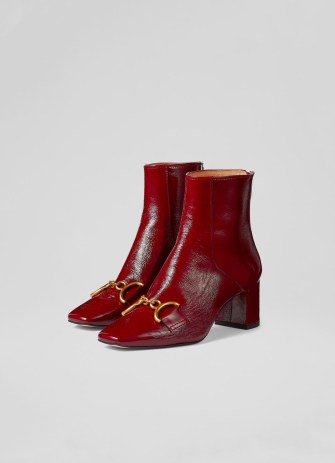 L.K. BENNETT Nadina Red Crinkle Patent Leather Snaffle-Detail Ankle Boots / women’s square toe bock heel boots / autumn colours womens footwear 2022 - flipped