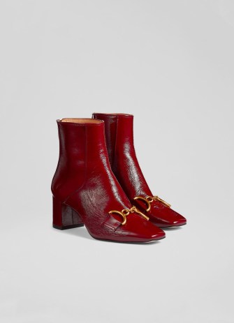 L.K. BENNETT Nadina Red Crinkle Patent Leather Snaffle-Detail Ankle Boots / women’s square toe bock heel boots / autumn colours womens footwear 2022