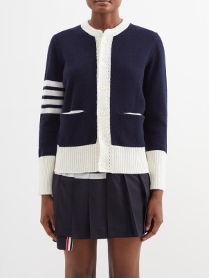THOM BROWNE Four Bar-intarsia wool cardigan in navy ~ women’s dark blue and white preppy cardigans ~ MATCHESFASHION - flipped
