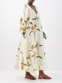 BERNADETTE Georgette sunflower-print linen dress in cream / floaty voluminous floral dresses