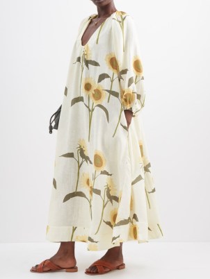 BERNADETTE Georgette sunflower-print linen dress in cream / floaty voluminous floral dresses - flipped