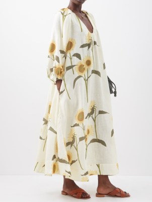 BERNADETTE Georgette sunflower-print linen dress in cream / floaty voluminous floral dresses