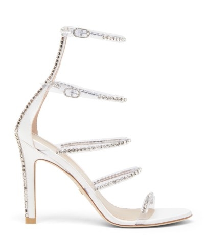 Stuart Weitzman NUDISTGLAM 100 GLADIATOR SANDAL PVC WHITE ~ strappy embellished party shoes ~ high heel glatiators ~ double ankle strap occasion sandals - flipped