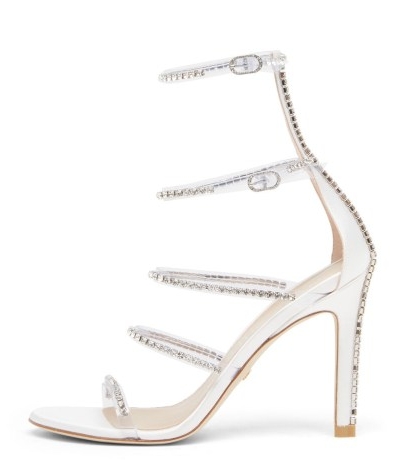 Stuart Weitzman NUDISTGLAM 100 GLADIATOR SANDAL PVC WHITE ~ strappy embellished party shoes ~ high heel glatiators ~ double ankle strap occasion sandals