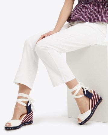 Draper James Ophelia Espadrilles in Red, White, and Blue ~ nautical style espadrille wedges ~ ankle wrap wedged heels ~ summer wedge heel sandals - flipped