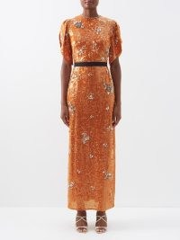 ERDEM Asteria sequinned-jersey dress in orange – floral embellished sequin covered occasion dresses – shimmering occasion clothes – luxury event wear – matchesfashion – opulent fashion – romance inspired fashion – vintage style glamour