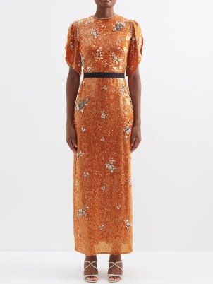 ERDEM Asteria sequinned-jersey dress in orange – floral embellished sequin covered occasion dresses – shimmering occasion clothes – luxury event wear – matchesfashion – opulent fashion – romance inspired fashion – vintage style glamour - flipped