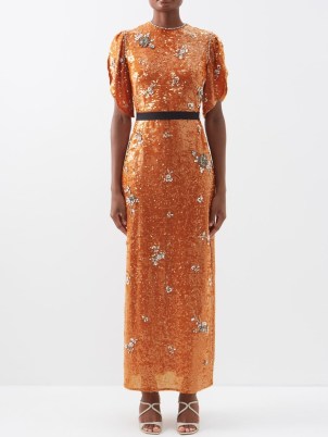 ERDEM Asteria sequinned-jersey dress in orange – floral embellished sequin covered occasion dresses – shimmering occasion clothes – luxury event wear – matchesfashion – opulent fashion – romance inspired fashion – vintage style glamour