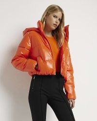 RIVER ISLAND ORANGE CROP HOODED PUFFER JACKET / women’s casual cropped padded jackets / womens bright winter outerwear