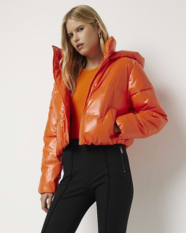 RIVER ISLAND ORANGE CROP HOODED PUFFER JACKET / women’s casual cropped padded jackets / womens bright winter outerwear - flipped