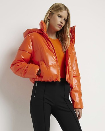 RIVER ISLAND ORANGE CROP HOODED PUFFER JACKET / women’s casual cropped padded jackets / womens bright winter outerwear