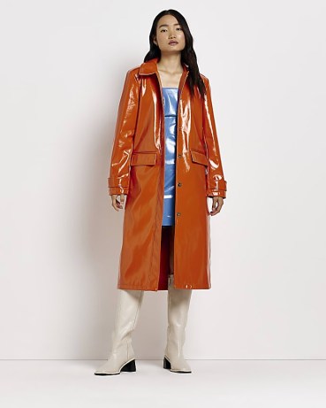 RIVER ISLAND ORANGE FAUX LEATHER LONGLINE COAT / women’s shiny retro inspired coats