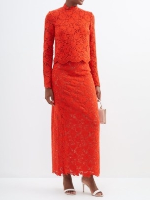 GIAMBATTISTA VALLI Macramé-lace maxi skirt in orange / bright floral column style occasion skirts / MATCHESFASHION - flipped