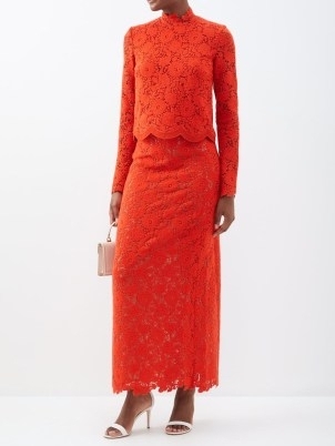 GIAMBATTISTA VALLI Macramé-lace maxi skirt in orange / bright floral column style occasion skirts / MATCHESFASHION