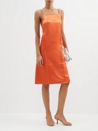 LOEWE Square-neck satin camisole dress in orange ~ luxe A-line slip dresses ~ square neck