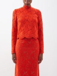 GIAMBATTISTA VALLI Wool-blend macramé-lace top in orange / floral long sleeve high neck scalloped edge tops / MATCHESFASHION