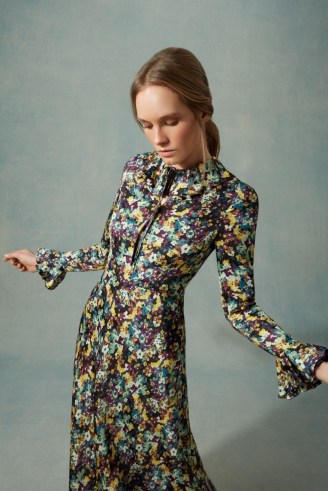 jane ORCHARD MIDI DRESS ~ floral ruffle trim dresses ~ feminine style clothing ~ fluid fabric ~ fit and flare design