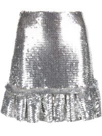 Paco Rabanne sequinned pleated mini skirt in silver tone / shimmering ruffle hem skirts / women’s sequin covered fashion / womens glittering designer fashion / farfetch