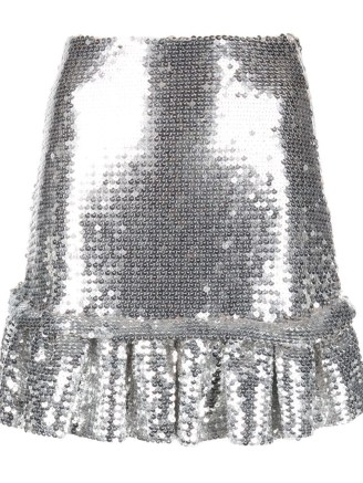 Paco Rabanne sequinned pleated mini skirt in silver tone / shimmering ruffle hem skirts / women’s sequin covered fashion / womens glittering designer fashion / farfetch - flipped