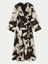 JIGSAW Palm Leaf Silk Wrap Dress – printed wide sleeve tie waist dresses