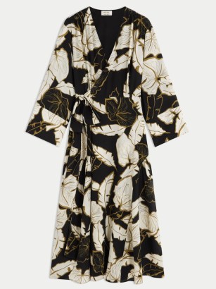 JIGSAW Palm Leaf Silk Wrap Dress – printed wide sleeve tie waist dresses - flipped