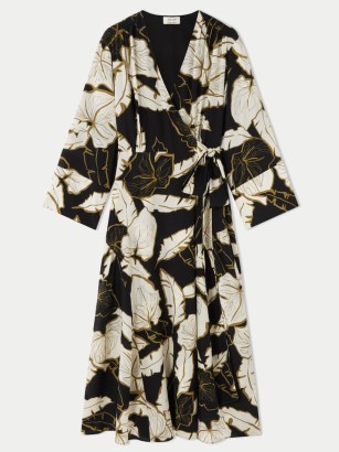 JIGSAW Palm Leaf Silk Wrap Dress – printed wide sleeve tie waist dresses