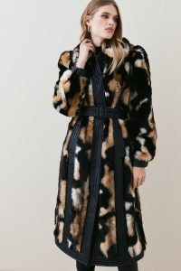 KAREN MILLEN Panelled Mixed Faux Fur Pu Belted Long Coat ~ glamorous winter coats