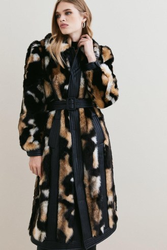 KAREN MILLEN Panelled Mixed Faux Fur Pu Belted Long Coat ~ glamorous winter coats - flipped