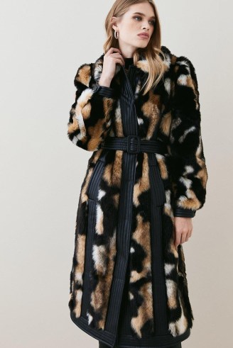KAREN MILLEN Panelled Mixed Faux Fur Pu Belted Long Coat ~ glamorous winter coats